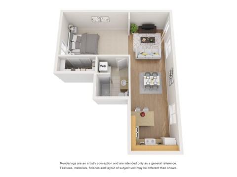 Floor plan for studio, 1 bath, 654 sqft
